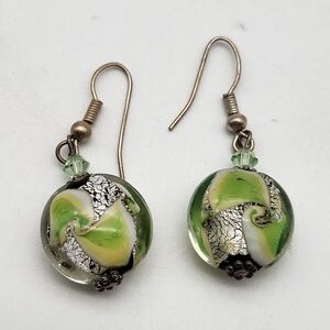Lime Green colored Glass Stone Lamp Work Earrings. Silver Tone Metal.